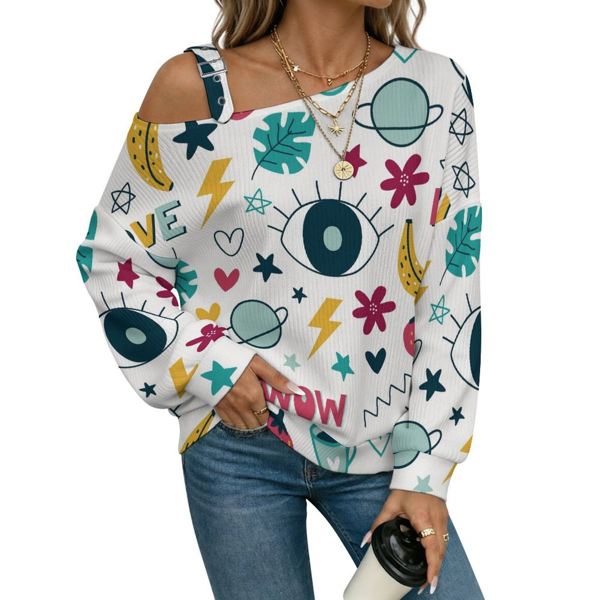Off-the-shoulder Sweater Light Blue Style Small Elements  Asymmetric Cold Shoulder Knit Sweater for Women, Adjustable Buckle Strap Long Sleeve Casual Slouchy Pullover
