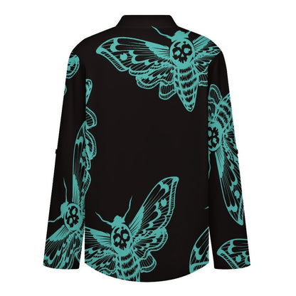 Stand-up Collar Long-sleeved Shirt Moth - Black - Green - Repeat Pattern - Women's Dress - Hip Wrap Skirt  Customization Women’s V-Neck Blouses,long Sleeve,Roll-Up Sleeve Shirt