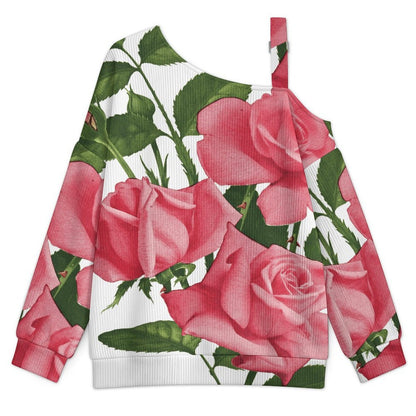 Off-the-shoulder Sweater Chinese Rose  Asymmetric Cold Shoulder Knit Sweater for Women, Adjustable Buckle Strap Long Sleeve Casual Slouchy Pullover