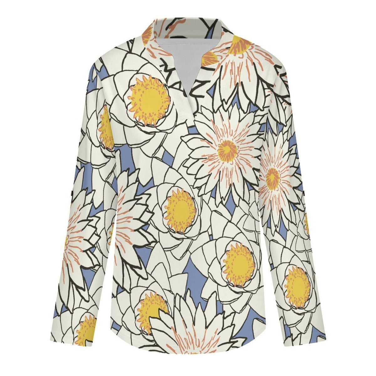 Stand-up Collar Long-sleeved Shirt Flowers  Customization Women’s V-Neck Blouses,long Sleeve,Roll-Up Sleeve Shirt