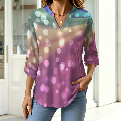Stand-up Collar Long-sleeved Shirt Color, Dazzling Starlight  Customization Women’s V-Neck Blouses,long Sleeve,Roll-Up Sleeve Shirt