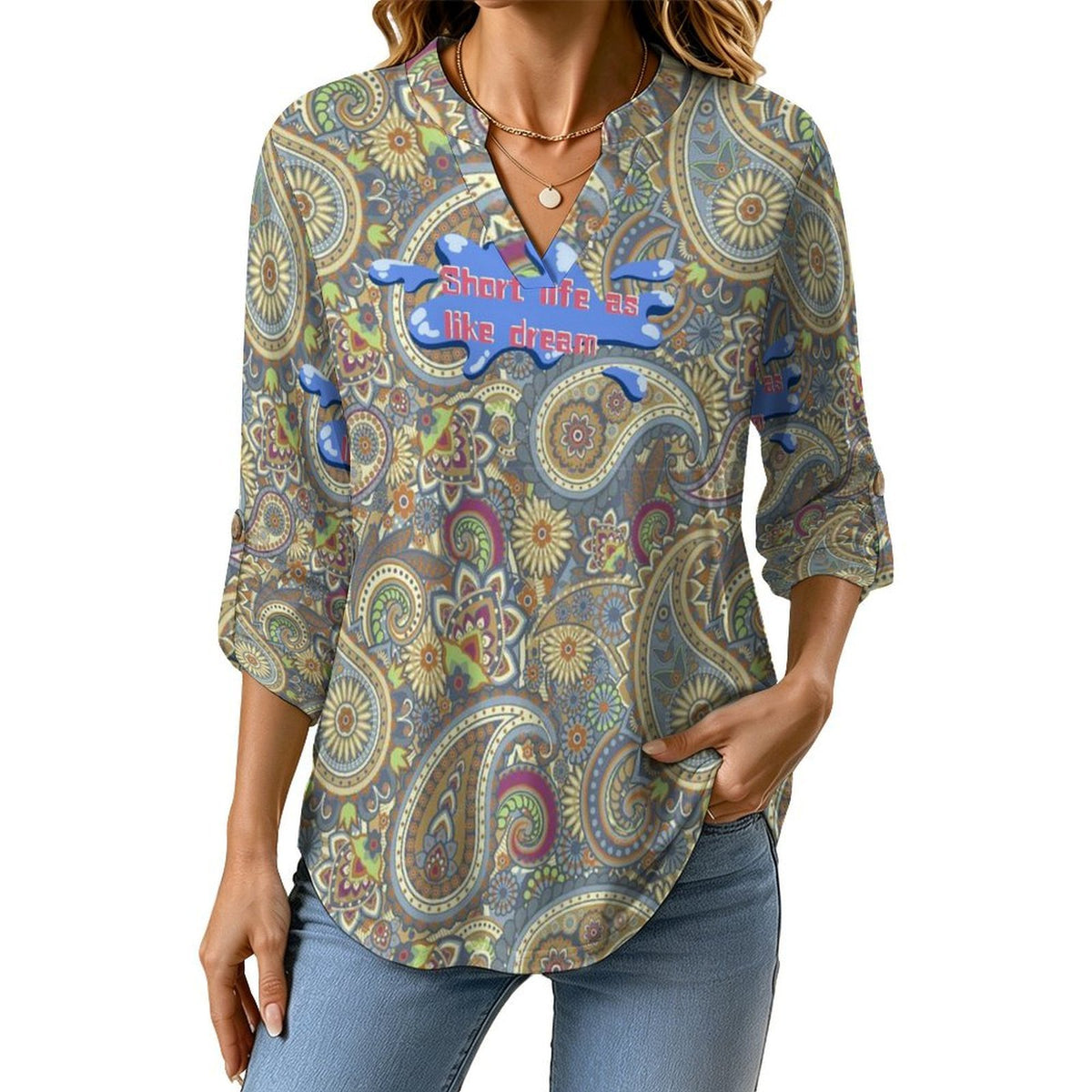 Stand-up Collar Long-sleeved Shirt Repeat Pattern - English Phrase  Customization Women’s V-Neck Blouses,long Sleeve,Roll-Up Sleeve Shirt