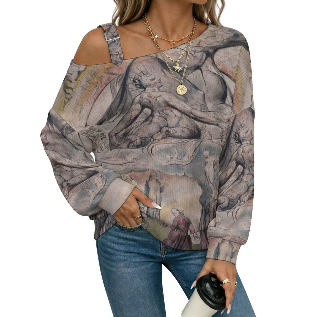Off-the-shoulder Sweater Gods Map  Asymmetric Cold Shoulder Knit Sweater for Women, Adjustable Buckle Strap Long Sleeve Casual Slouchy Pullover