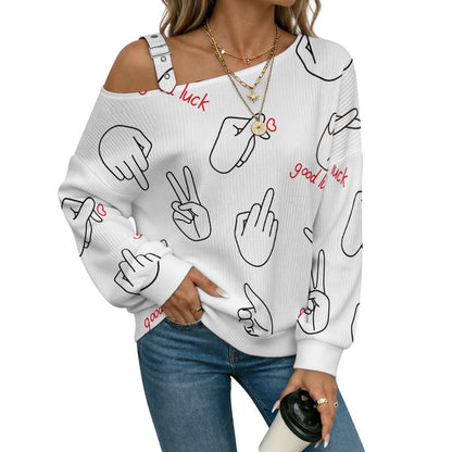 Off-the-shoulder Sweater Tile Decorative Patterns for Various Gestures  Asymmetric Cold Shoulder Knit Sweater for Women, Adjustable Buckle Strap Long Sleeve Casual Slouchy Pullover