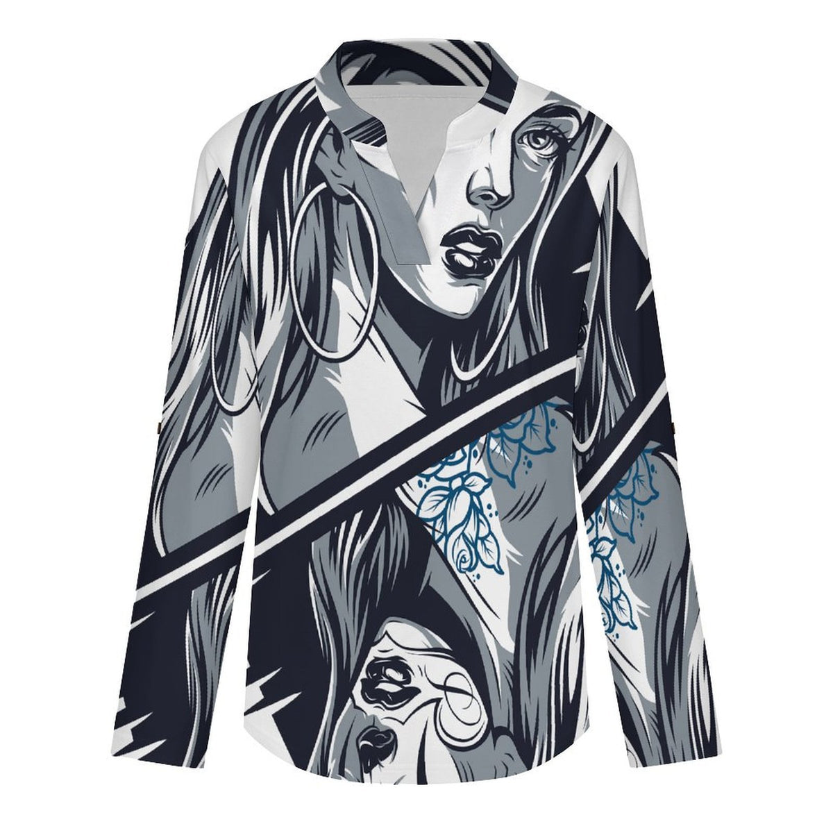 Stand-up Collar Long-sleeved Shirt Skeleton, Queen, Up And Down  Customization Women’s V-Neck Blouses,long Sleeve,Roll-Up Sleeve Shirt