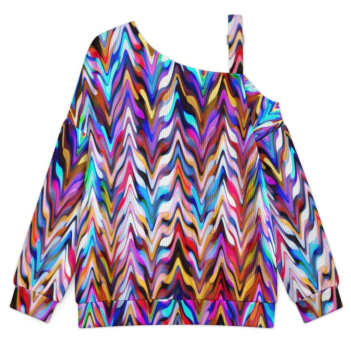 Off-the-shoulder Sweater Colorful Pattern  Asymmetric Cold Shoulder Knit Sweater for Women, Adjustable Buckle Strap Long Sleeve Casual Slouchy Pullover