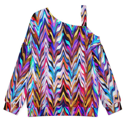Off-the-shoulder Sweater Colorful Pattern  Asymmetric Cold Shoulder Knit Sweater for Women, Adjustable Buckle Strap Long Sleeve Casual Slouchy Pullover