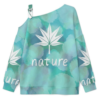 Off-the-shoulder Sweater Tie-dyed Blue Maple Leaf  Asymmetric Cold Shoulder Knit Sweater for Women, Adjustable Buckle Strap Long Sleeve Casual Slouchy Pullover