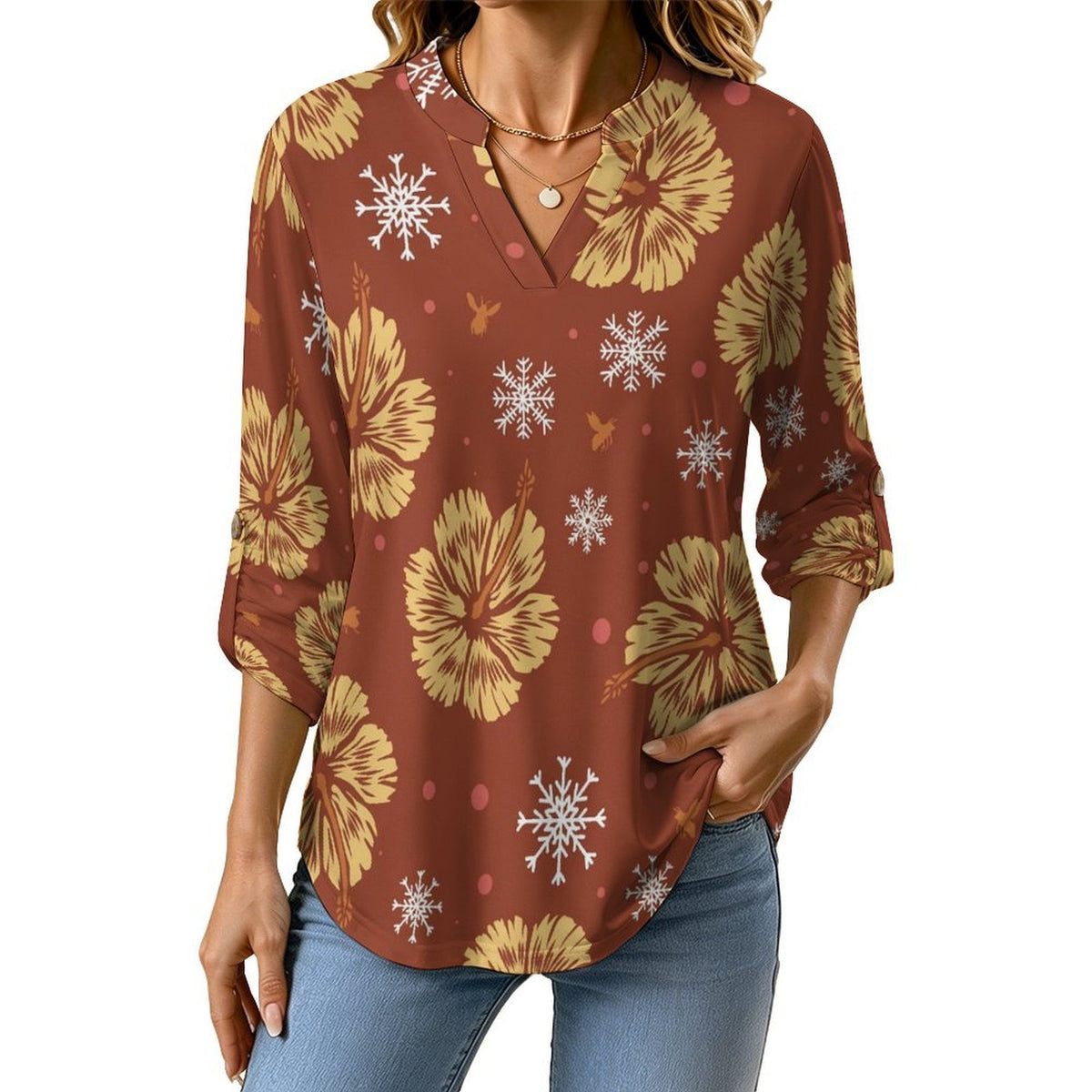 Stand-up Collar Long-sleeved Shirt Orange Background, Flowers  Customization Women’s V-Neck Blouses,long Sleeve,Roll-Up Sleeve Shirt