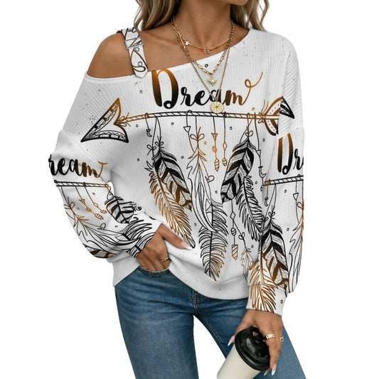 Off-the-shoulder Sweater Dream  Asymmetric Cold Shoulder Knit Sweater for Women, Adjustable Buckle Strap Long Sleeve Casual Slouchy Pullover