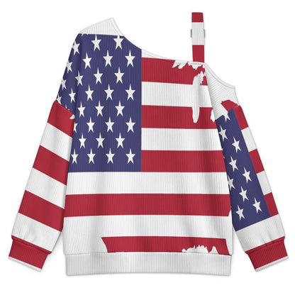 Off-the-shoulder Sweater American Flag Style Map  Asymmetric Cold Shoulder Knit Sweater for Women, Adjustable Buckle Strap Long Sleeve Casual Slouchy Pullover