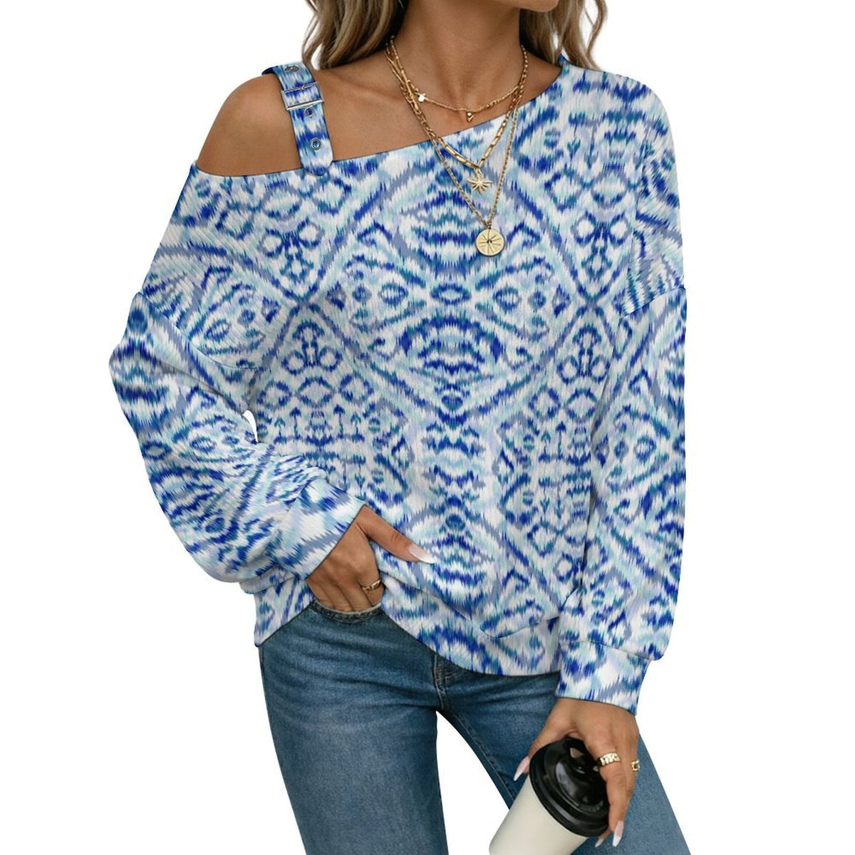 Off-the-shoulder Sweater European Retro Pattern  Asymmetric Cold Shoulder Knit Sweater for Women, Adjustable Buckle Strap Long Sleeve Casual Slouchy Pullover