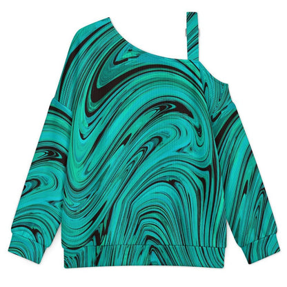 Off-the-shoulder Sweater Green Vortex, Pattern Design  Asymmetric Cold Shoulder Knit Sweater for Women, Adjustable Buckle Strap Long Sleeve Casual Slouchy Pullover