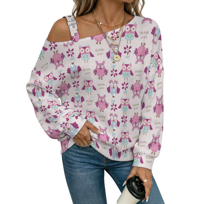 Off-the-shoulder Sweater Owls, Animals  Asymmetric Cold Shoulder Knit Sweater for Women, Adjustable Buckle Strap Long Sleeve Casual Slouchy Pullover