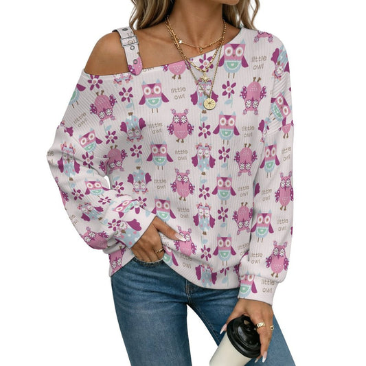 Off-the-shoulder Sweater Owls, Animals  Asymmetric Cold Shoulder Knit Sweater for Women, Adjustable Buckle Strap Long Sleeve Casual Slouchy Pullover