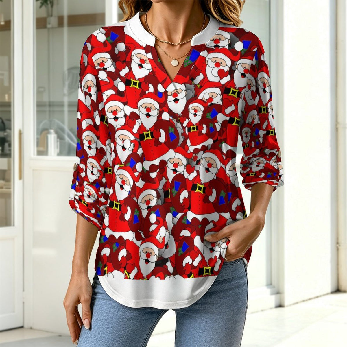 Stand-up Collar Long-sleeved Shirt Christmas, Santa Claus, Repeat  Women’s V-Neck Blouses
