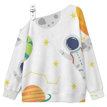 Off-the-shoulder Sweater Tile Pattern-Universe-Space-Cute-Astronaut-Planet  Asymmetric Cold Shoulder Knit Sweater for Women, Adjustable Buckle Strap Long Sleeve Casual Slouchy Pullover