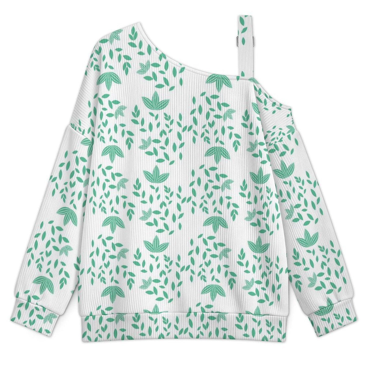 Off-the-shoulder Sweater Green Leaf Pattern Design  Asymmetric Cold Shoulder Knit Sweater for Women, Adjustable Buckle Strap Long Sleeve Casual Slouchy Pullover