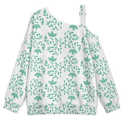 Off-the-shoulder Sweater Green Leaf Pattern Design  Asymmetric Cold Shoulder Knit Sweater for Women, Adjustable Buckle Strap Long Sleeve Casual Slouchy Pullover