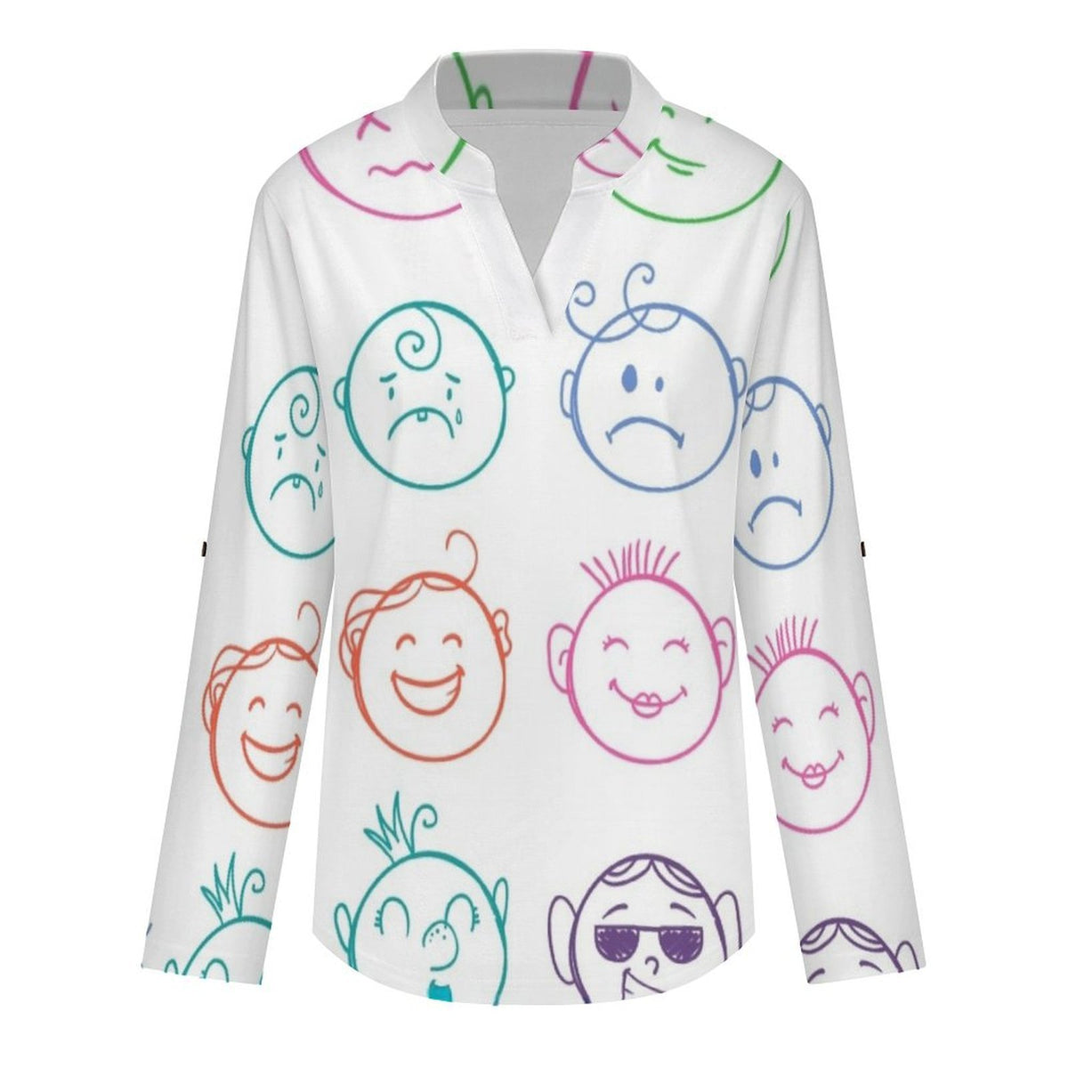 Stand-up Collar Long-sleeved Shirt Color Lines, Cartoon Characters  Customization Women’s V-Neck Blouses,long Sleeve,Roll-Up Sleeve Shirt