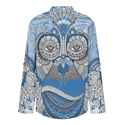 Stand-up Collar Long-sleeved Shirt Blue, Monkey  Customization Women’s V-Neck Blouses,long Sleeve,Roll-Up Sleeve Shirt