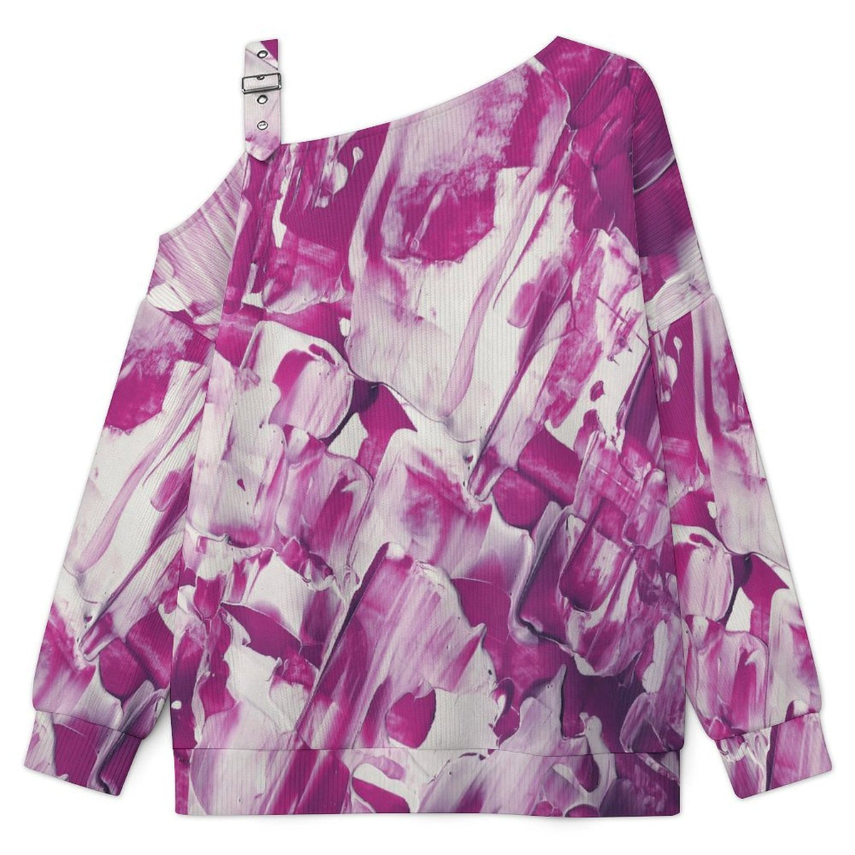 Off-the-shoulder Sweater Pink White Smear Pattern  Asymmetric Cold Shoulder Knit Sweater for Women, Adjustable Buckle Strap Long Sleeve Casual Slouchy Pullover
