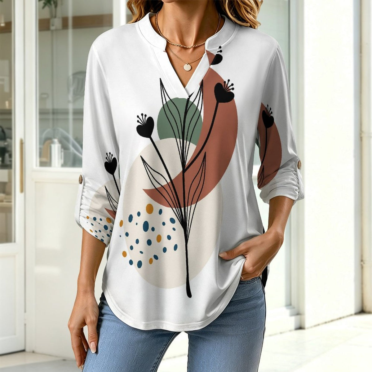 Stand-up Collar Long-sleeved Shirt Chinese Wind Scenery  Customization Women’s V-Neck Blouses,long Sleeve,Roll-Up Sleeve Shirt
