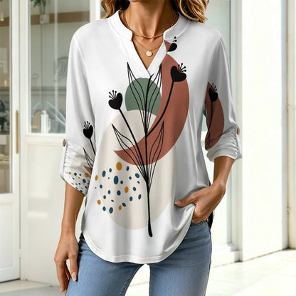Stand-up Collar Long-sleeved Shirt Chinese Wind Scenery  Customization Women’s V-Neck Blouses,long Sleeve,Roll-Up Sleeve Shirt