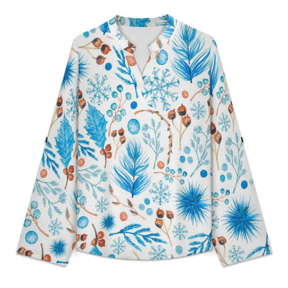 Stand-up Collar Long-sleeved Shirt Blue Leaves And Fruits  Customization Women’s V-Neck Blouses,long Sleeve,Roll-Up Sleeve Shirt