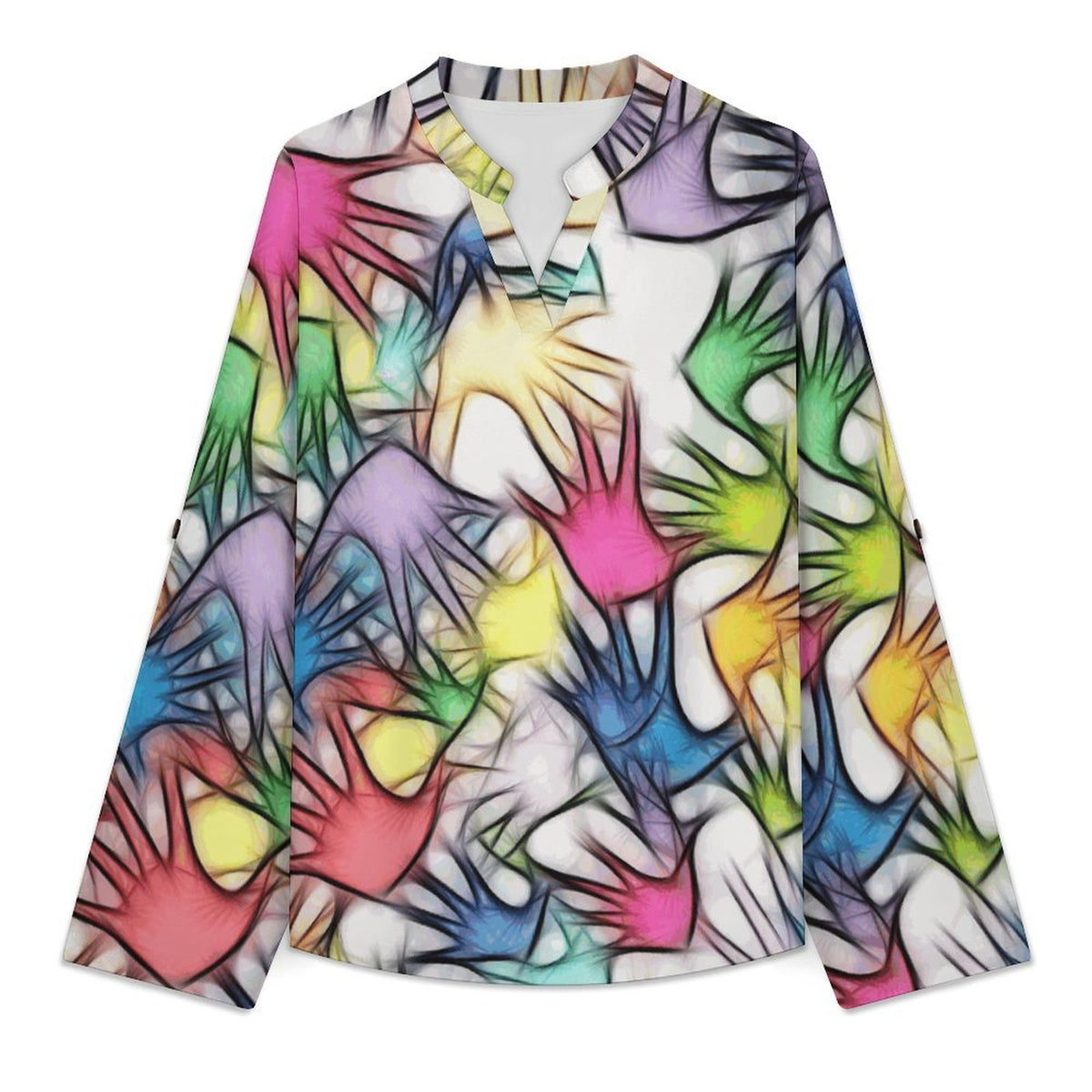 Stand-up Collar Long-sleeved Shirt Colored Hands, Shadows, Abstractions  Customization Women’s V-Neck Blouses,long Sleeve,Roll-Up Sleeve Shirt
