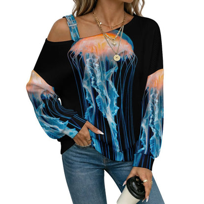 Off-the-shoulder Sweater Light Blue Orange Jellyfish  Asymmetric Cold Shoulder Knit Sweater for Women, Adjustable Buckle Strap Long Sleeve Casual Slouchy Pullover