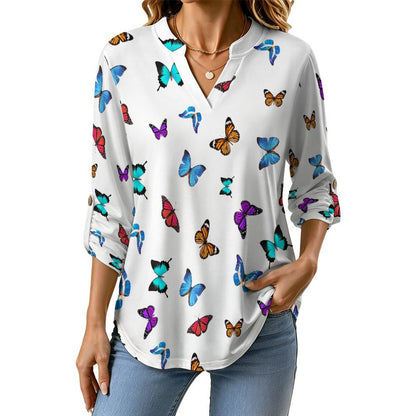 Stand-up Collar Long-sleeved Shirt Repeating Pattern, Butterfly, Color  Customization Women’s V-Neck Blouses,long Sleeve,Roll-Up Sleeve Shirt
