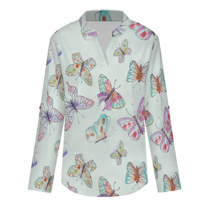 Stand-up Collar Long-sleeved Shirt Color Butterfly Background  Customization Women’s V-Neck Blouses,long Sleeve,Roll-Up Sleeve Shirt