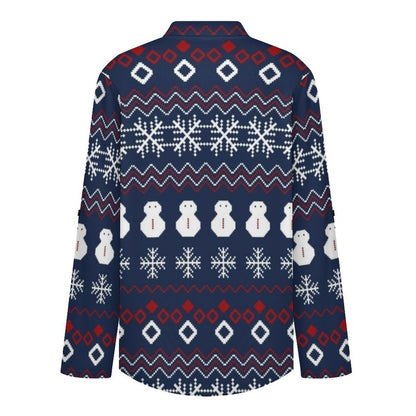 Versatile Notched V-Neck Tunic  Roll Tab 3/4 Sleeve Office Casual Top  Christmas Pattern