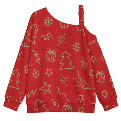 Off-the-shoulder Sweater Christmas Pattern Christmas Tree Green Simple Stroke  Asymmetric Cold Shoulder Knit Sweater for Women, Adjustable Buckle Strap Long Sleeve Casual Slouchy Pullover