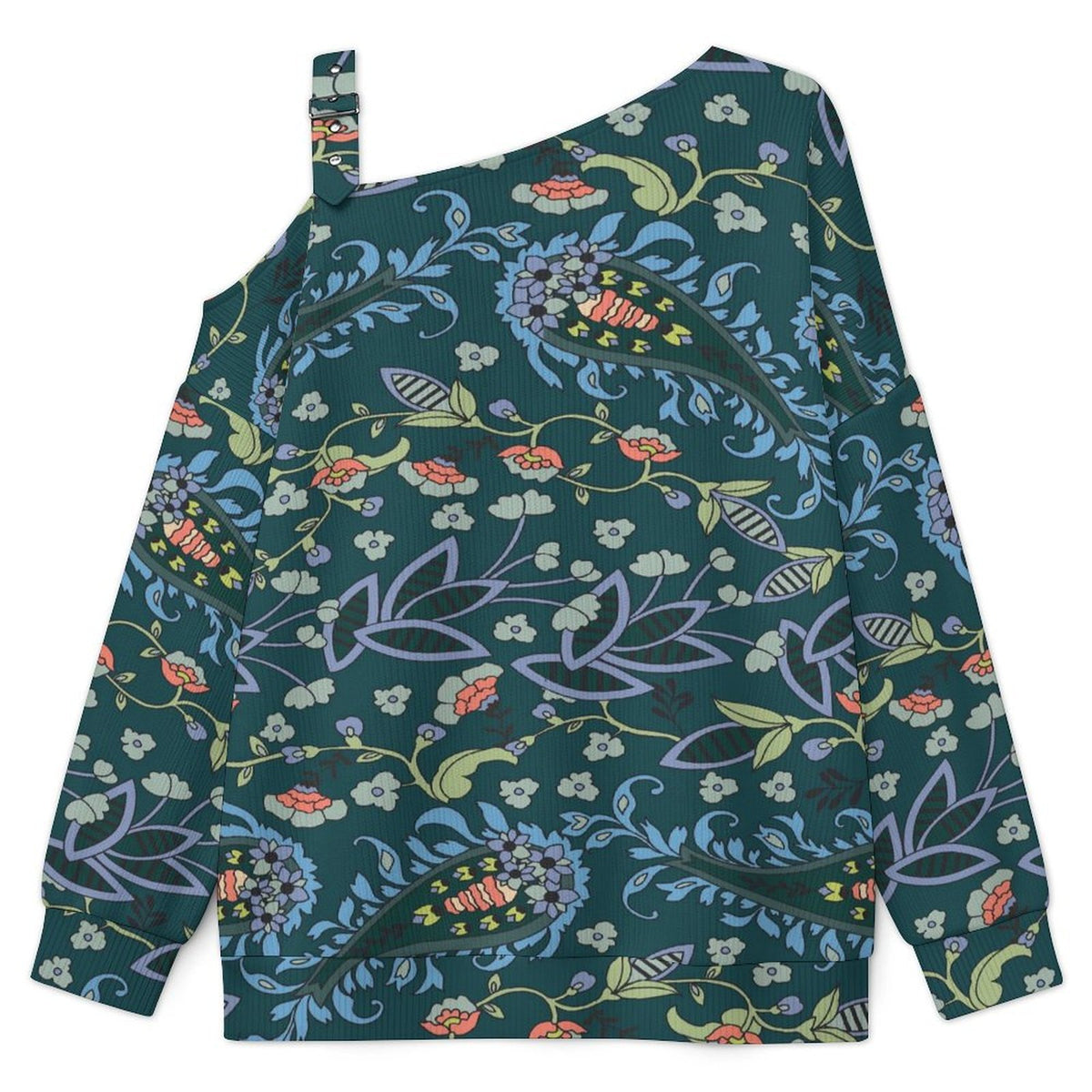 Off-the-shoulder Sweater European Retro Pattern  Asymmetric Cold Shoulder Knit Sweater for Women, Adjustable Buckle Strap Long Sleeve Casual Slouchy Pullover