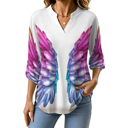 Stand-up Collar Long-sleeved Shirt Colorful Wings, Dreams  Customization Women’s V-Neck Blouses,long Sleeve,Roll-Up Sleeve Shirt
