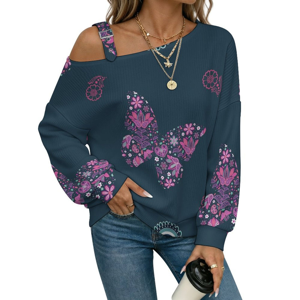 Off-the-shoulder Sweater Paisley Texture Butterfly Repeat Tile Texture  Asymmetric Cold Shoulder Knit Sweater for Women, Adjustable Buckle Strap Long Sleeve Casual Slouchy Pullover