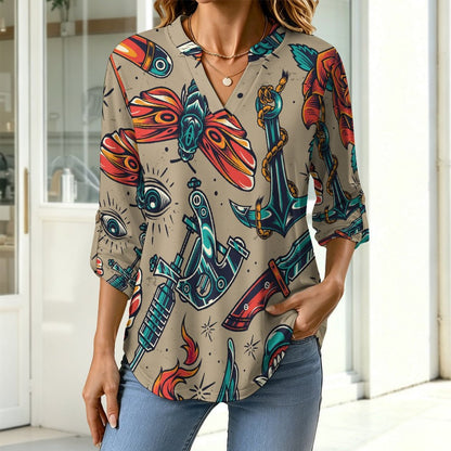 Stand-up Collar Long-sleeved Shirt Retro Patterns, Eyes, Evil  Customization Women’s V-Neck Blouses,long Sleeve,Roll-Up Sleeve Shirt