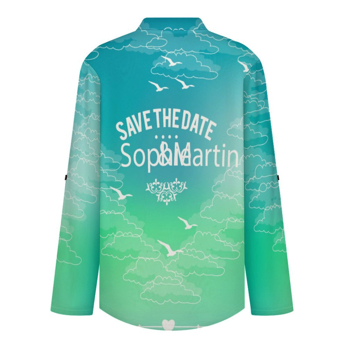Stand-up Collar Long-sleeved Shirt Blue Green Tie Dyeing  Customization Women’s V-Neck Blouses,long Sleeve,Roll-Up Sleeve Shirt