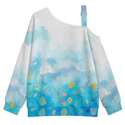 Off-the-shoulder Sweater Gradient. Flowers And Leaves,blue  Asymmetric Cold Shoulder Knit Sweater for Women, Adjustable Buckle Strap Long Sleeve Casual Slouchy Pullover