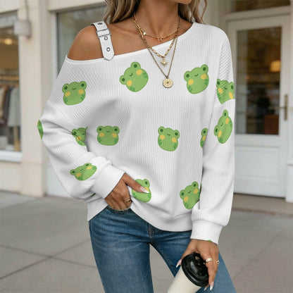 Off-the-shoulder Sweater Little Frog  Asymmetric Cold Shoulder Knit Sweater for Women, Adjustable Buckle Strap Long Sleeve Casual Slouchy Pullover