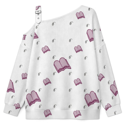 Buckle Strap Asymmetrical Off Shoulder Knit Sweater Books Background