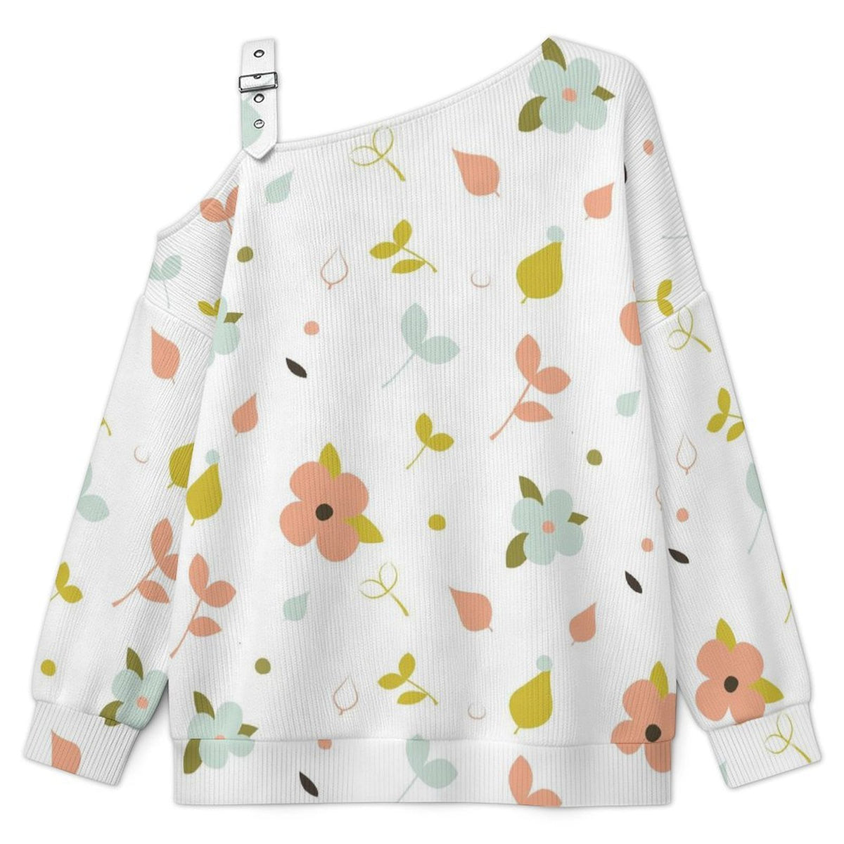 Off-the-shoulder Sweater Flowers Background  Asymmetric Cold Shoulder Knit Sweater for Women, Adjustable Buckle Strap Long Sleeve Casual Slouchy Pullover