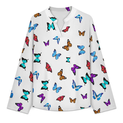 Stand-up Collar Long-sleeved Shirt Repeating Pattern, Butterfly, Color  Customization Women’s V-Neck Blouses,long Sleeve,Roll-Up Sleeve Shirt