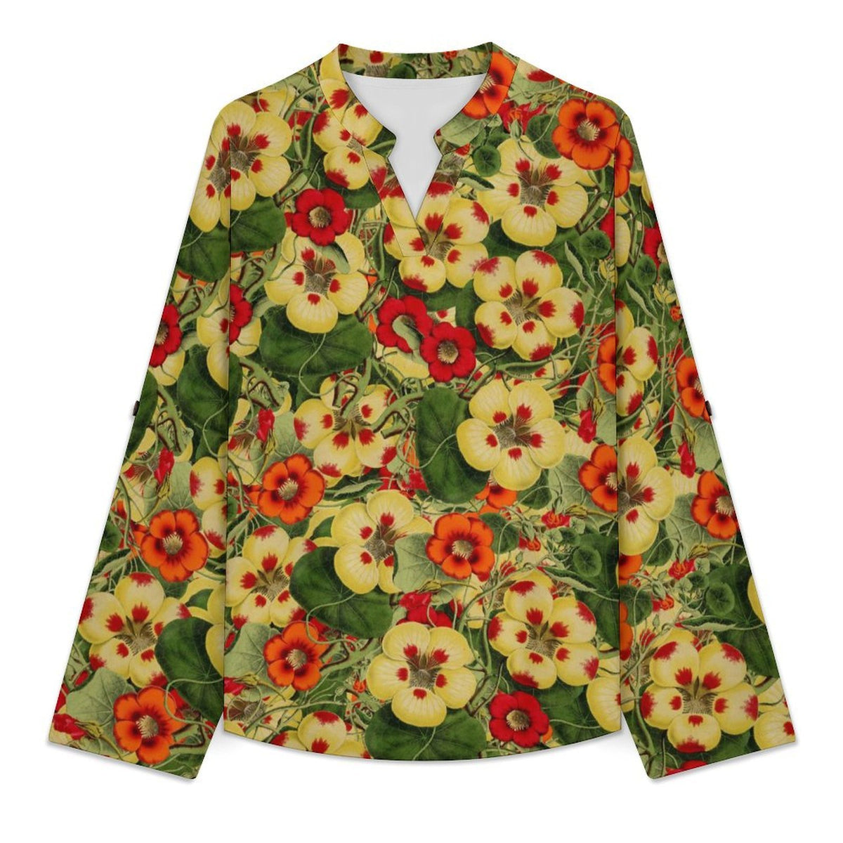 Vintage Flower Pattern  Versatile Notched V-Neck Tunic | Roll Tab 3/4 Sleeve Office Casual Top