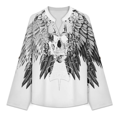 Skull, Wings  Versatile Notched V-Neck Tunic | Roll Tab 3/4 Sleeve Office Casual Top