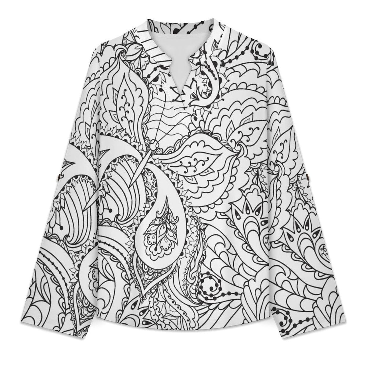 Stand-up Collar Long-sleeved Shirt Retro Pattern  Customization Women’s V-Neck Blouses,long Sleeve,Roll-Up Sleeve Shirt
