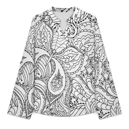 Stand-up Collar Long-sleeved Shirt Retro Pattern  Customization Women’s V-Neck Blouses,long Sleeve,Roll-Up Sleeve Shirt