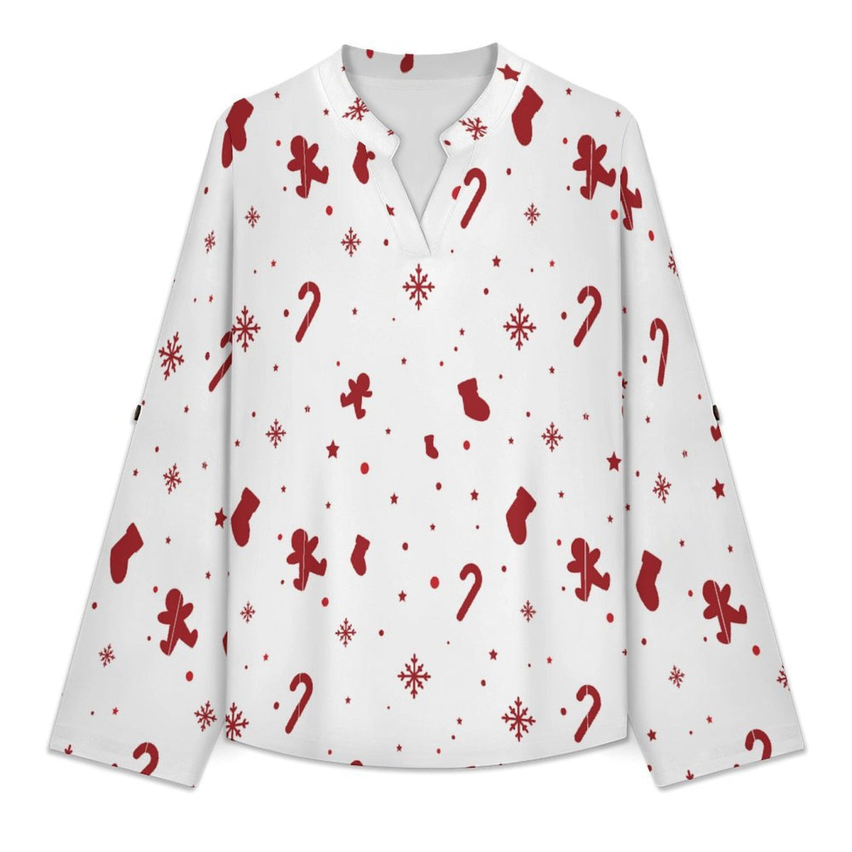Versatile Notched V-Neck Tunic  Roll Tab 3/4 Sleeve Office Casual Top  Christmas Decorations